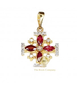 Diamond Ruby Jerusalem Cross 14K Gold Pendant