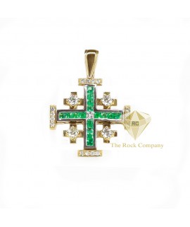 Princess Cut Diamond And Emerald Jerusalem Cross Pendant 14K Yellow Gold