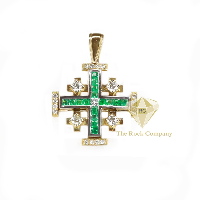 Princess Cut Diamond And Emerald Jerusalem Cross Pendant 14K Yellow Gold