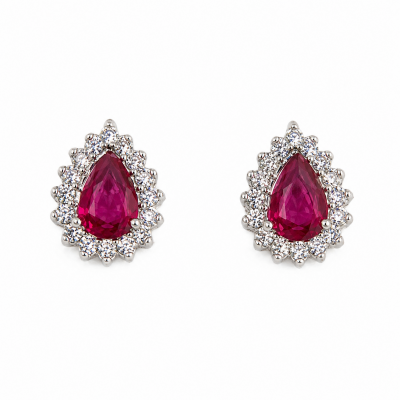 18k White gold Diamond and Ruby Tear Drop Earrings