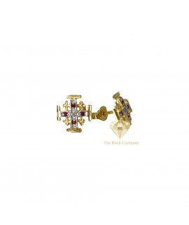 14K Yellow Gold Ruby Diamond Jerusalem Cross Stud Earrings