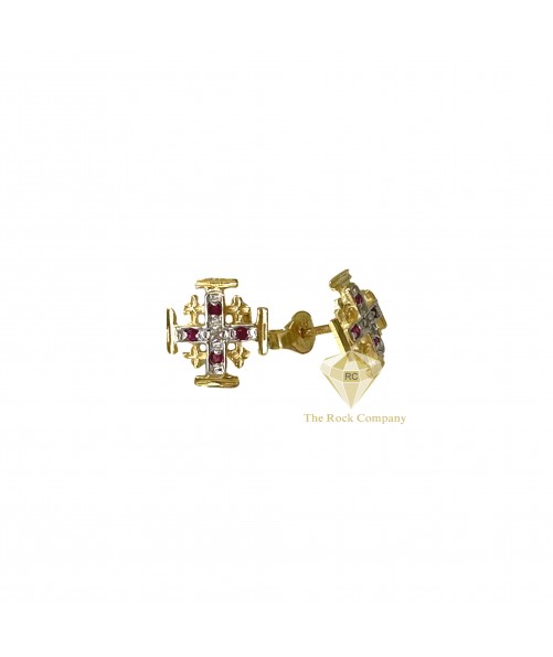 14K Yellow Gold Ruby Diamond Jerusalem Cross Stud Earrings