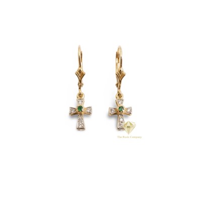 14K Gold and Emerald Cross Drop Earrings