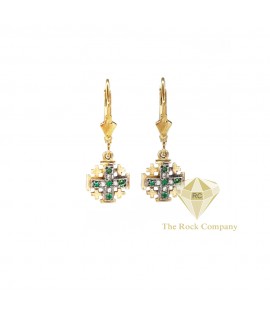 Diamond And Emerald Jerusalem Cross Dangle Earrings