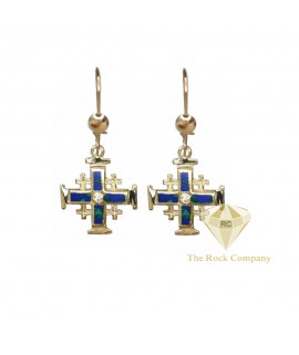 Diamond And Azurite Jerusalem Cross Dangle Earrings