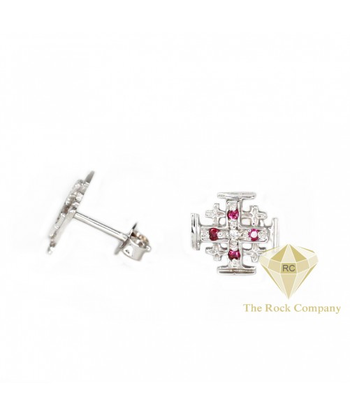 Diamond And Ruby Jerusalem Cross Stud Earrings