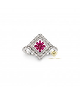 14K White Gold Ruby and Diamond Ring – Floral Design with Diamond Halo