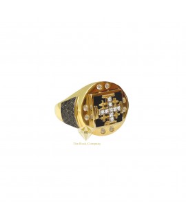 Diamond Jerusalem Cross 14K Gold Ring Set with Black Diamonds on the Sides