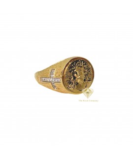14K Gold Ring with Engraved Jesus Face and set with Diamond Cross on the sides