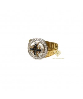 14K Gold Ring with Black and White Diamond Jerusalem Cross on Enamel