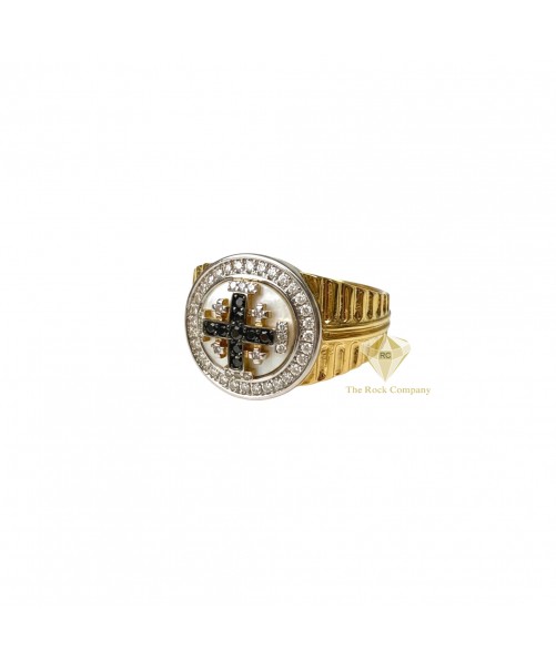 14K Gold Ring with Black and White Diamond Jerusalem Cross on Enamel