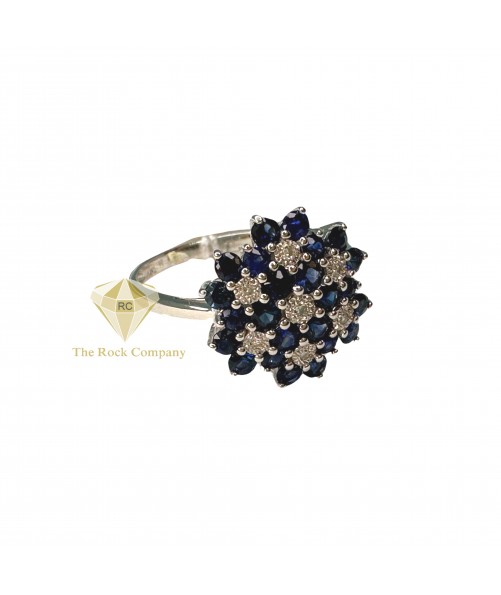 14K White Gold Blue Sapphire And Diamond Floral Ring