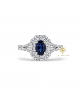 14K White Gold Oval Sapphire and Diamond Double Halo Ring