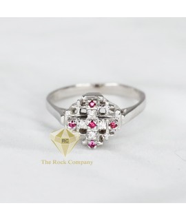 Diamond And Ruby Jerusalem Cross Ring 14K White Gold
