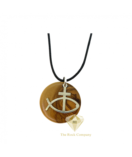 Jesus Fish and Cross Pendant With Olive Wood And Sterling Silver Handmade Necklace