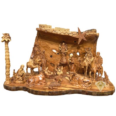 Olive Wood Christmas Nativity Set with Elephant, Camel & Horse – Hand Carved in the Holy Land