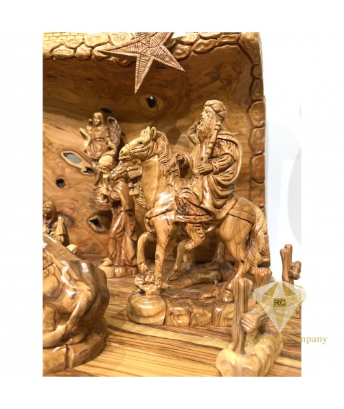 Olive Wood Christmas Nativity Set with Elephant, Camel & Horse – Hand Carved in the Holy Land