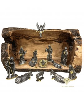 Nativity Set Pewter 24K Gold Plated with Olive Wood Cave