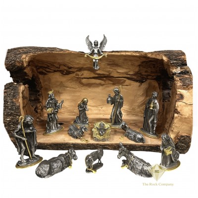Nativity Set Pewter 24K Gold Plated with Olive Wood Cave