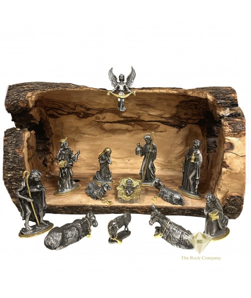 Nativity Set Pewter 24K Gold Plated with Olive Wood Cave