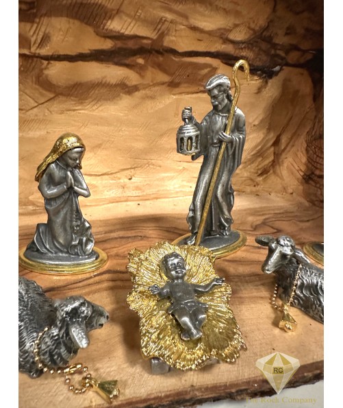 Nativity Set Pewter 24K Gold Plated with Olive Wood Cave
