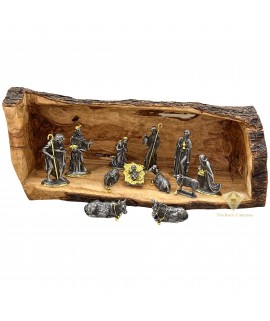 Nativity Set Pewter 24K Gold Plated with Olive Wood Cave Nativity Set Pewter 24K Gold Plated with Olive Wood Cave