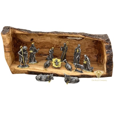 Nativity Set Pewter 24K Gold Plated with Olive Wood Cave