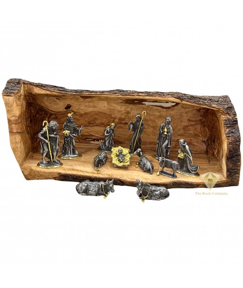 Nativity Set Pewter 24K Gold Plated with Olive Wood Cave Nativity Set Pewter 24K Gold Plated with Olive Wood Cave