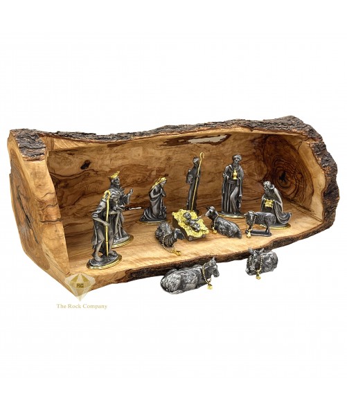 Nativity Set Pewter 24K Gold Plated with Olive Wood Cave Nativity Set Pewter 24K Gold Plated with Olive Wood Cave